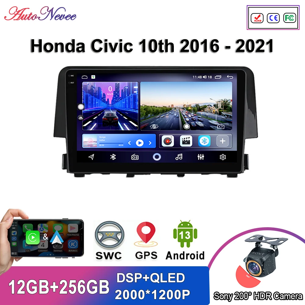

Мультимедийный плеер на Android 13 для Honda Civic 10 2016-2021, автомагнитола с GPS-навигацией, без DVD, мультимедийный плеер с сенсорным экраном, HDR, 5K