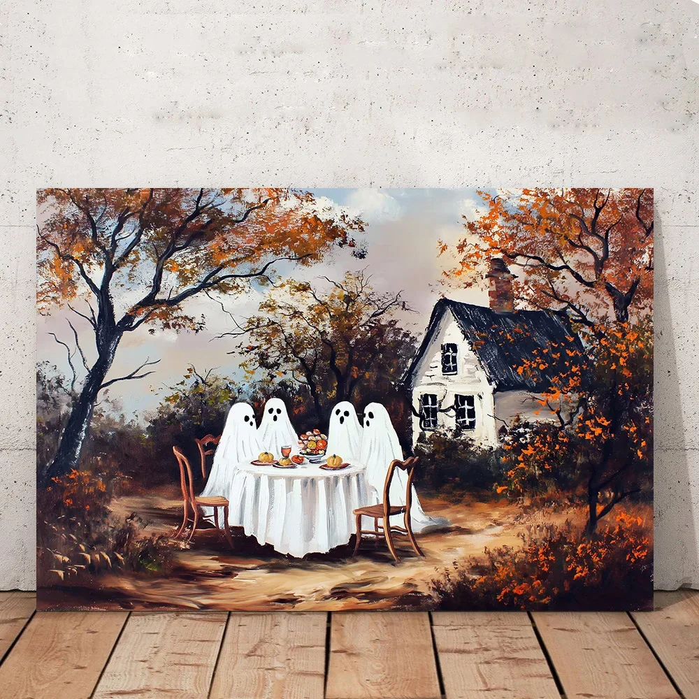 Multiple sizes 1pc frameless Canvas Painting,Halloween Ghost Dinner Party Dark Academia Cottagecore Poster and Prints Canvas Pai