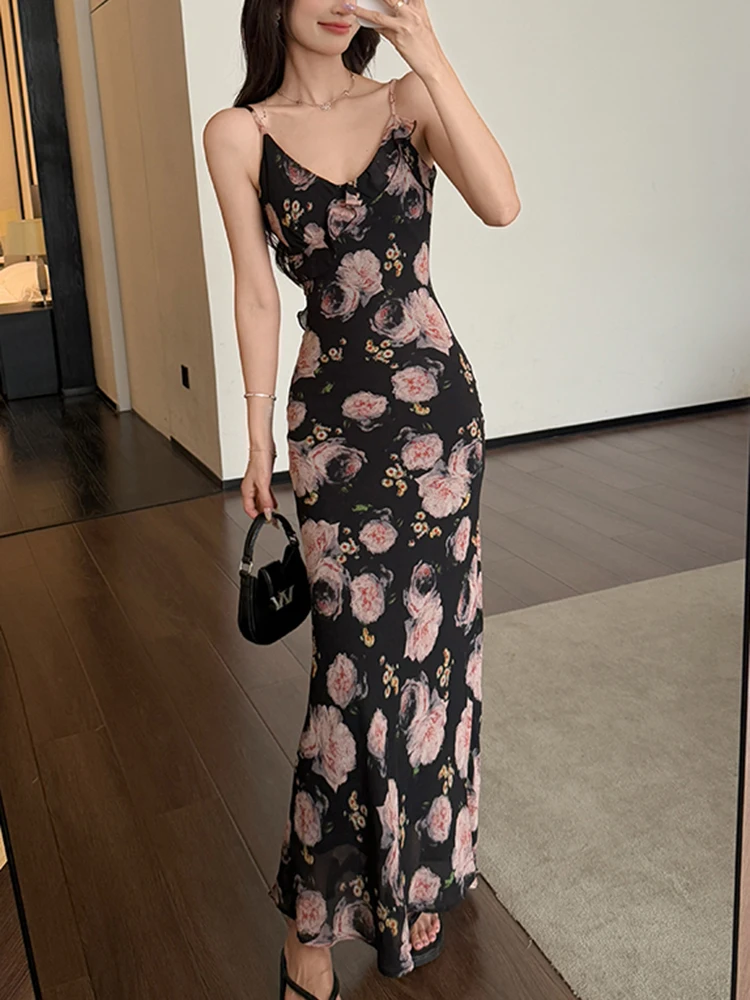 Floral babados praia vestido feminino moda magro retalhos cintura alta elegante feminino vestido longo sem mangas camisola com decote em v vestido