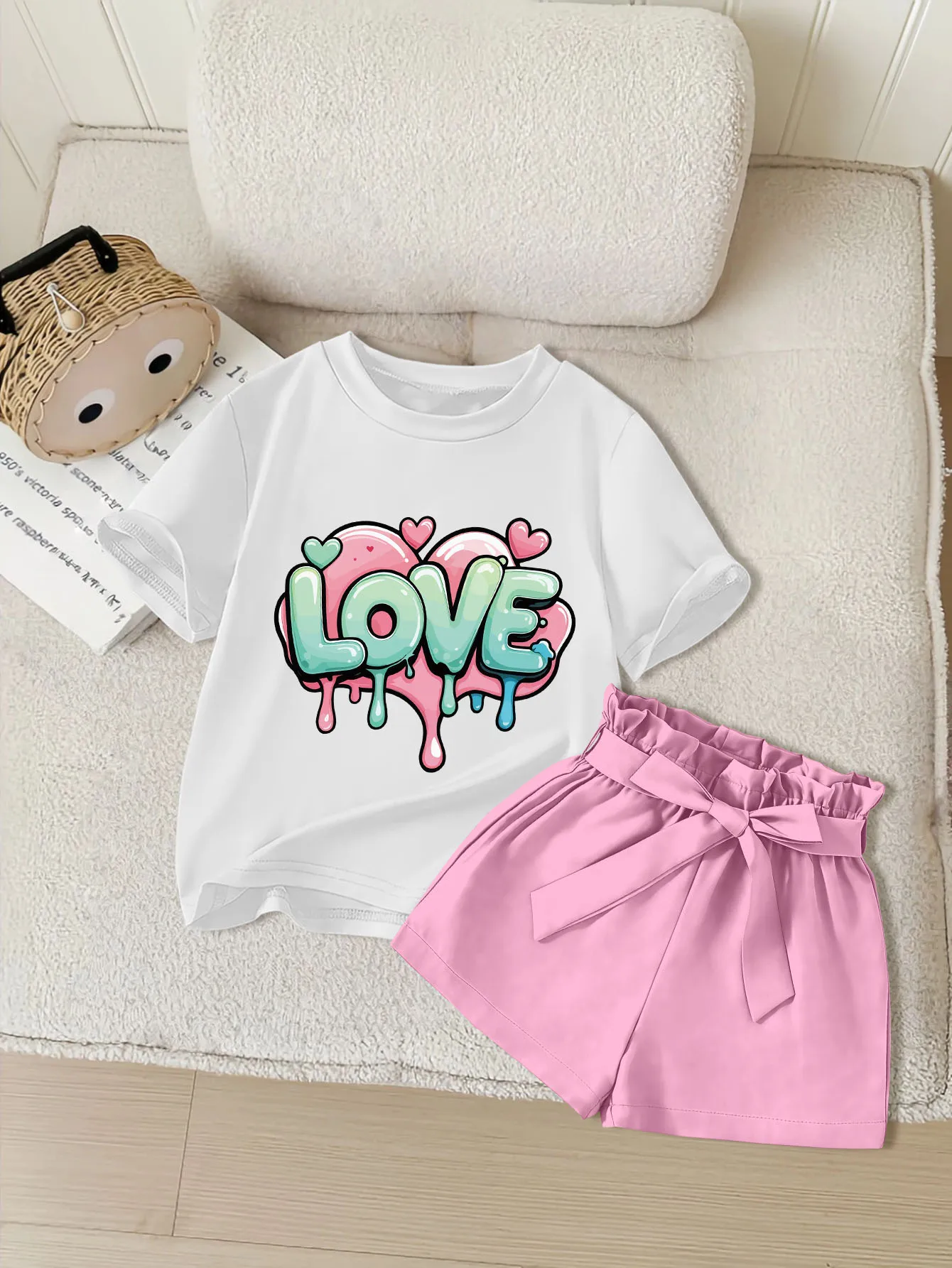2 pieces: Valentine's Day Summer Girls' Cute & Casual Round-Neck Short-Sleeve Bow Shorts Set with Cartoon Heart Prints