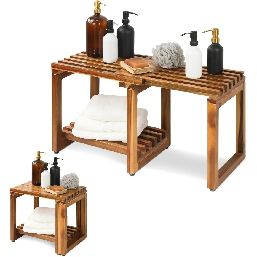 Pine bathroom stool Household Pull-out shower stool Wooden bathroom seat Adjustable wooden bathroom stool