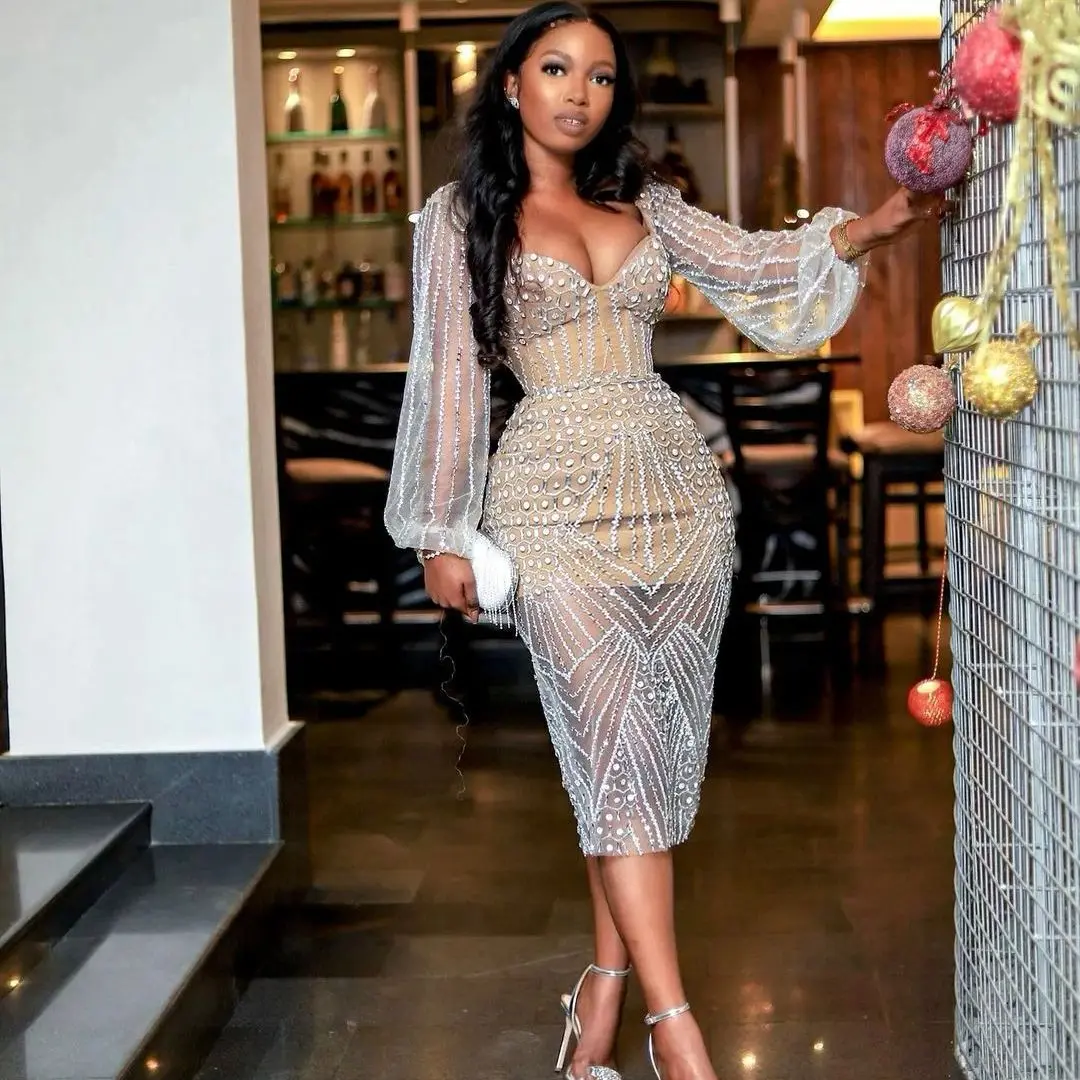 

Luxury Crystal Short Prom Dress with Long Sleeves Sheer Tulle See through Women's Sheath Evening Gown Zipper Back 2025 Style