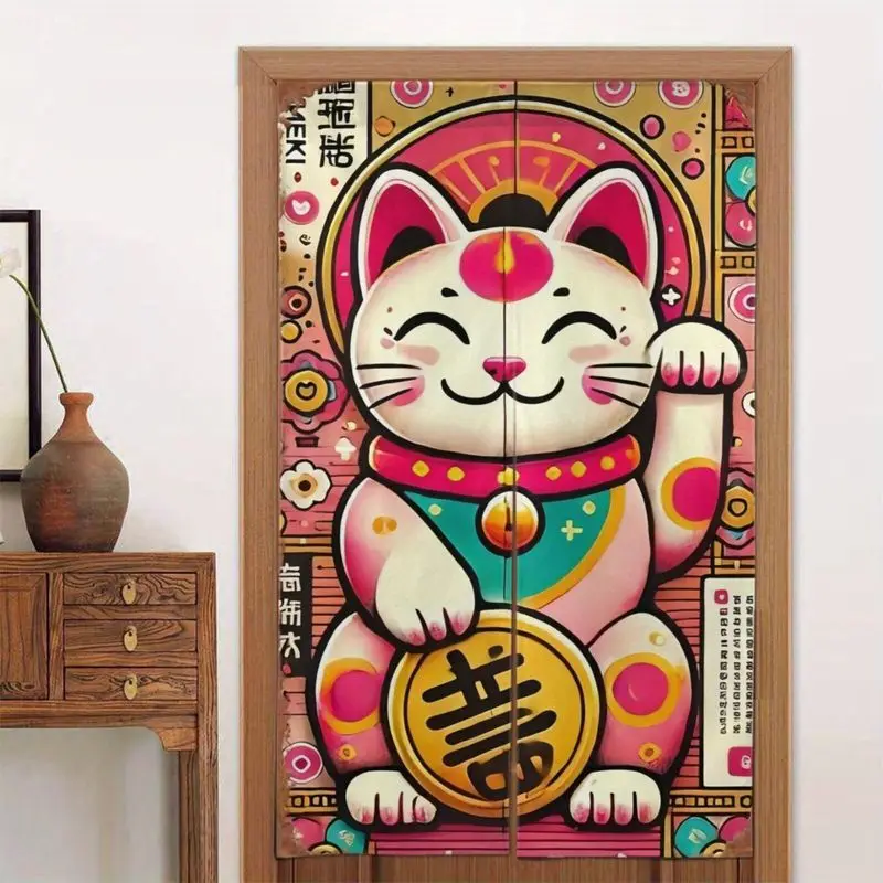 VIKAMA Vintage Pop Art Lucky Cat Noren Door Curtain Pink Maneki Neko Coin Half Doorway Curtain for Kitchen Bedroom Room Decor