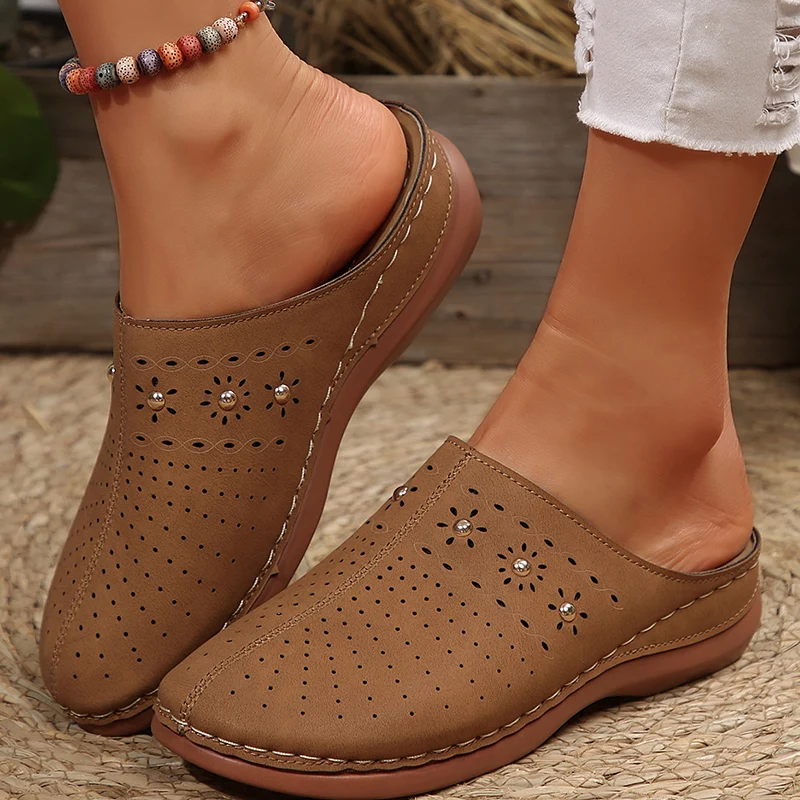 Zapatillas de Mujer Transpirables con Diseño Calado, Estilo Retro de Verano 2026, Zapatos Tipo Suecos con Punta Cerrada, Talla Grande 43, Tacones Bajos, Sandalias de Playa