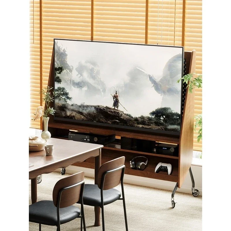 Solid wood TV stand movable TV cabinet home living room small apartment floor-standing carbon steel TV rack