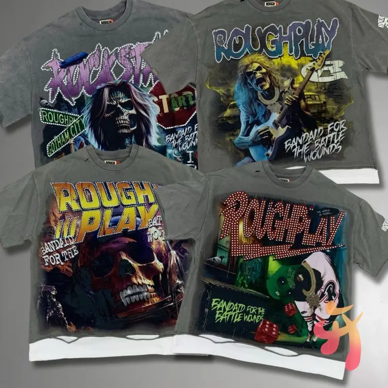 

Real Photos RoughPlay Rock Out T-Shirt American Hip-hop Outfit Retro Graffiti Ghost Face Hot Drill Splice Short Sleeve Men Women