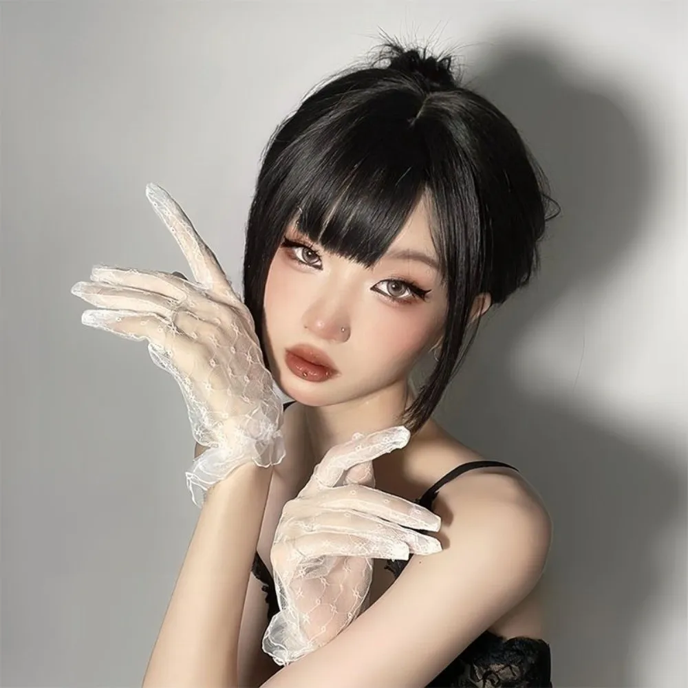 1 Pair Retro Lace Gloves Sheer Mesh Short Length Bridal Gloves Elastic Dinner Dress Gloves Cosplay Performance Accessories