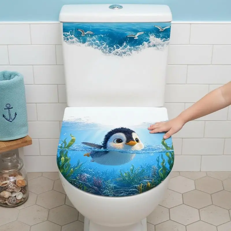 Cute Cartoon Penguin Ocean Print Toilet Lid Sticker With Waterproof Self Adhesive Design Perfect For Home Bathroom Decor Easy To