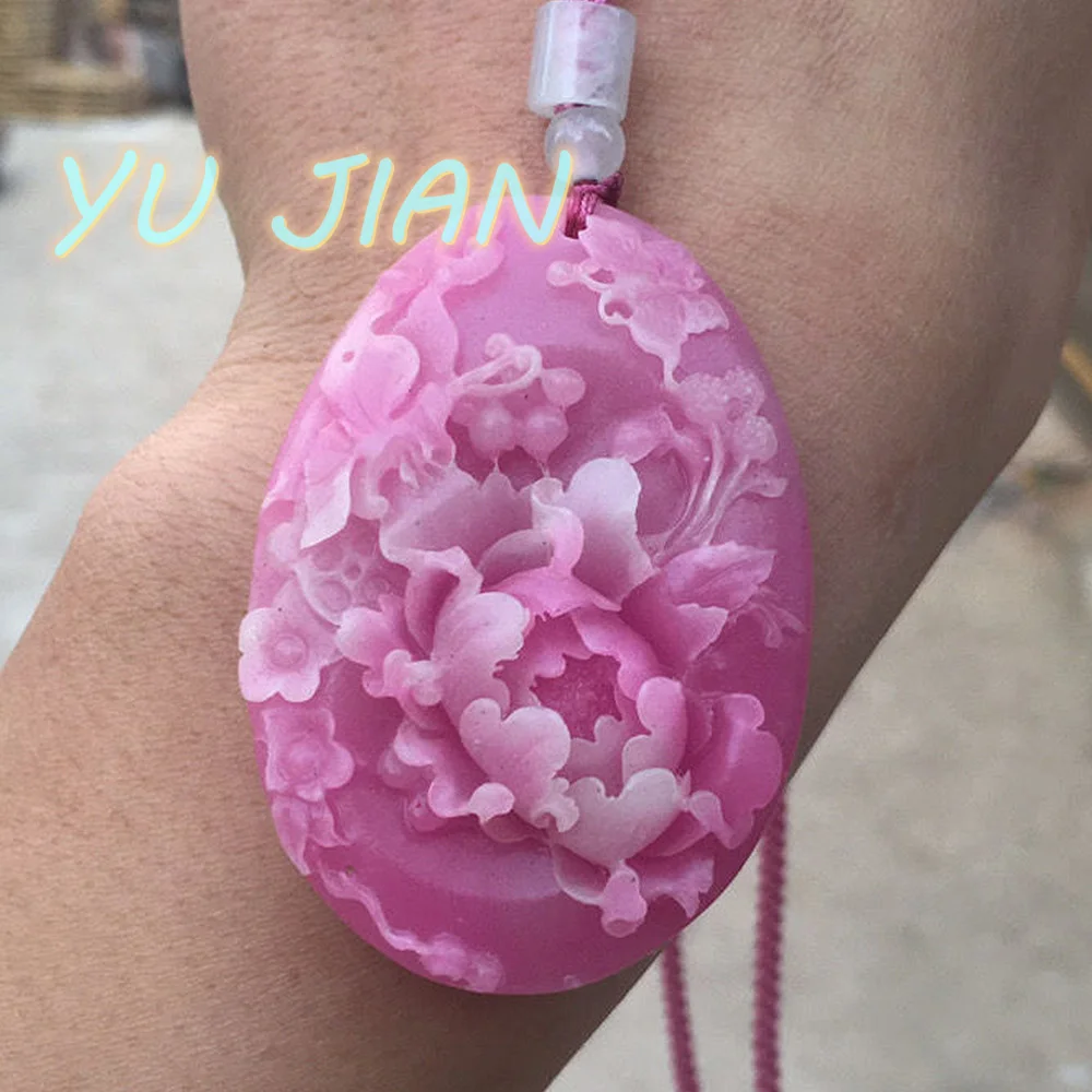 Newest Charm Traditional Hand Carved Natural Butterfly Peony National Flower Noble Pendant Jade Necklace Chain Rare Jewelry