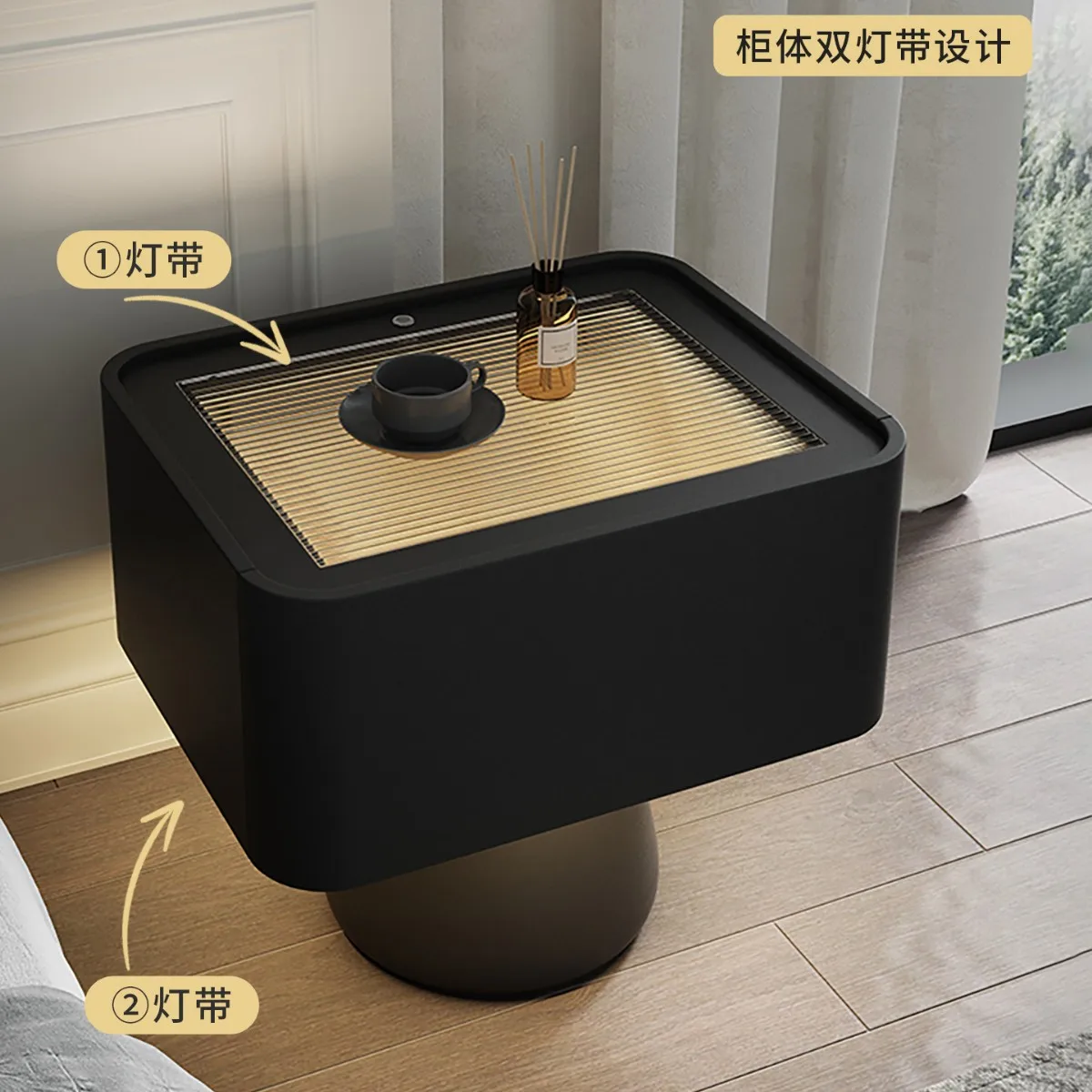 Light luxury bedside table high-end bedroom home simple creative solid wood black bedside table with light