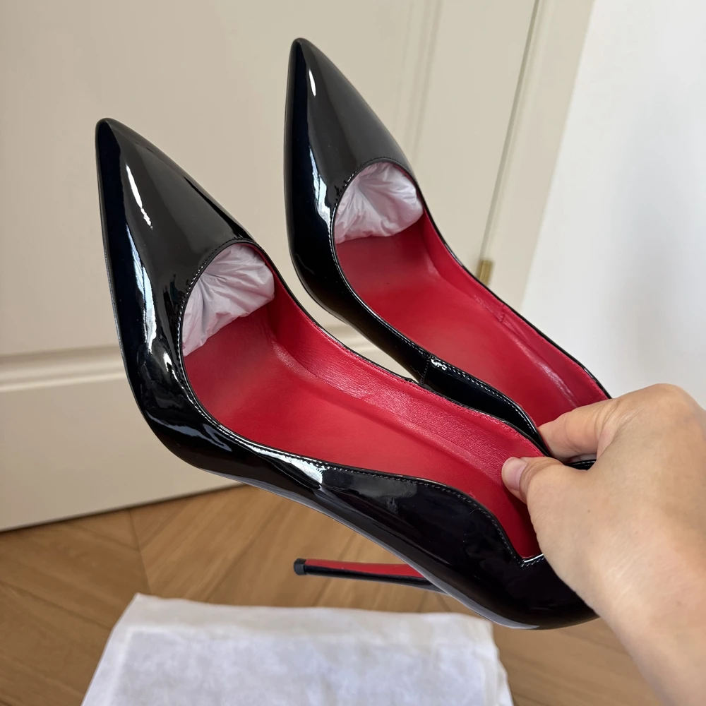 Veowalk Women's 12cm Stiletto Heels V Cut Pointed Toe Black Patent Pumps Sexy Evening Club Party Wedding Dress Shoes Plus Size view 6