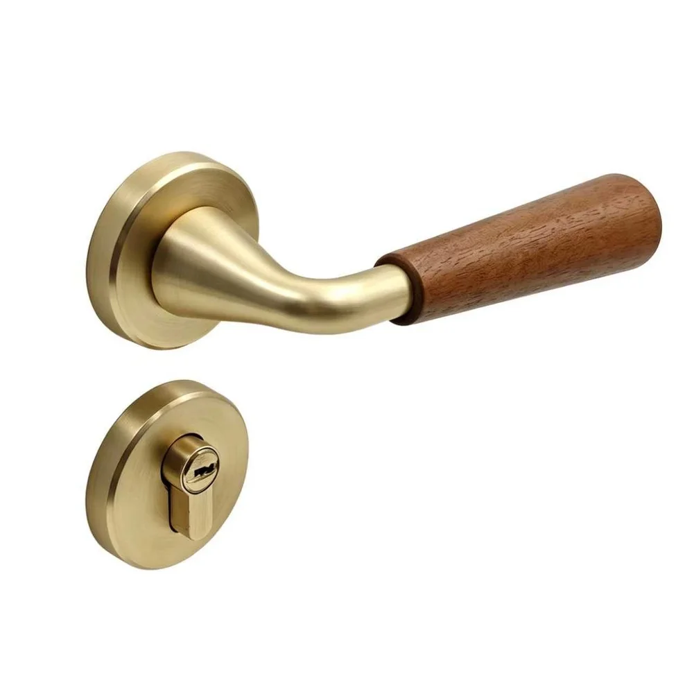 Modern Interior Door Handle Lock Silent Split Design Solid Wood Walnut Grip Aluminum Alloy Body 142x52mm Dimensions