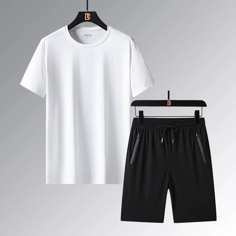 

High-quality summer solid-color ice-silk casual sports outfit - standard nylon short-sleeved long pants set
