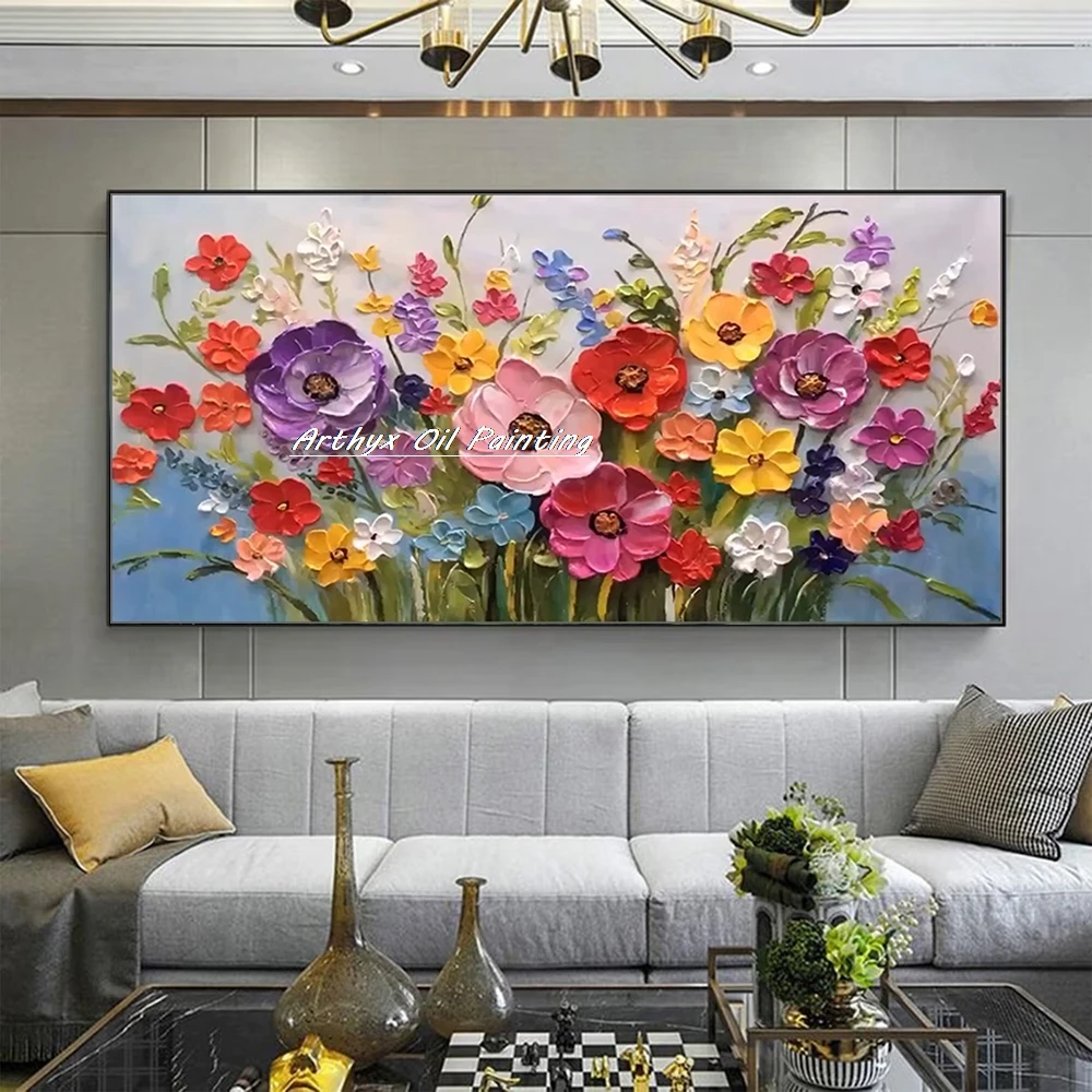 Arthyx 100% Handpainted Abstract 3D Knife Flowers Oil Painting On Canvas,Modern Texture Art Posters,Wall Picture,Home Decoration