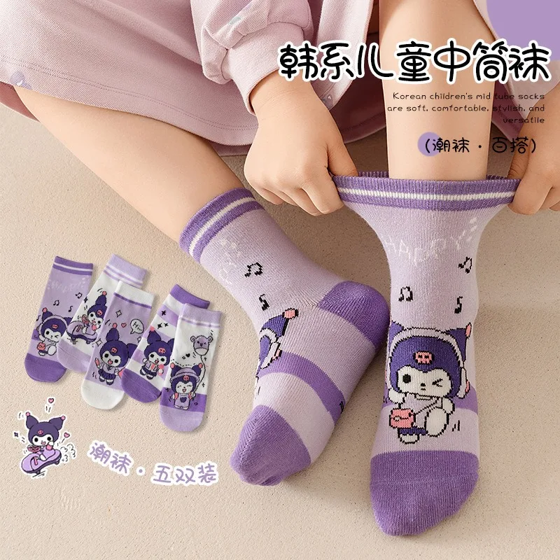 5 pares de calcetines a media pantorrilla Sanrio Kuromi para niña, nuevos calcetines de algodón con dibujos de Hello Kitty para otoño, regalos para niñas