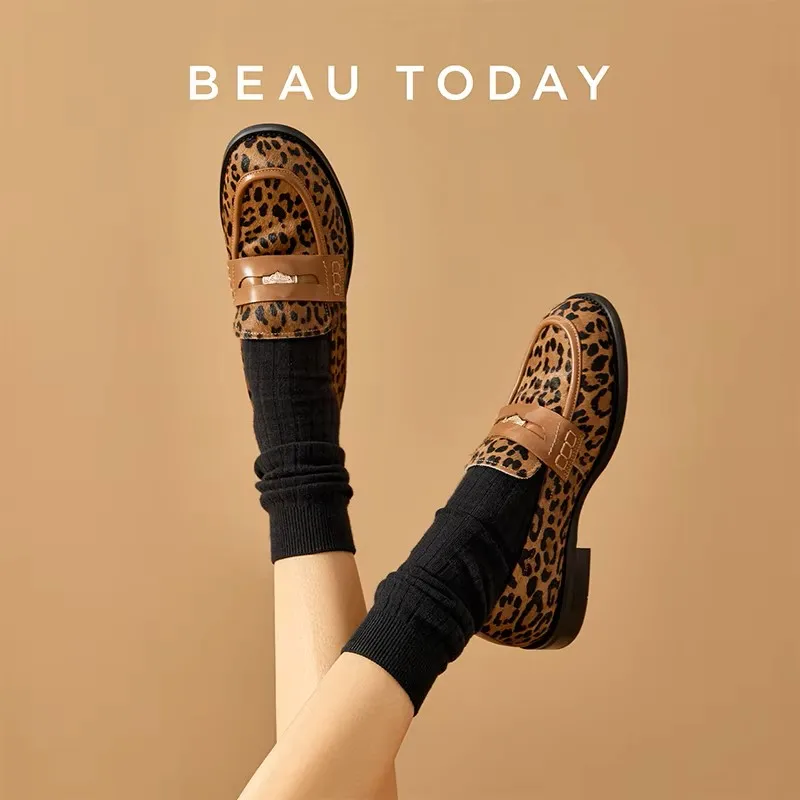 

BEAUTODAY Penny Loafers Women Cowhide Round Toe Square Heel Leopard Print Sewing Outdoor Casual Flats Female Handmade 26238