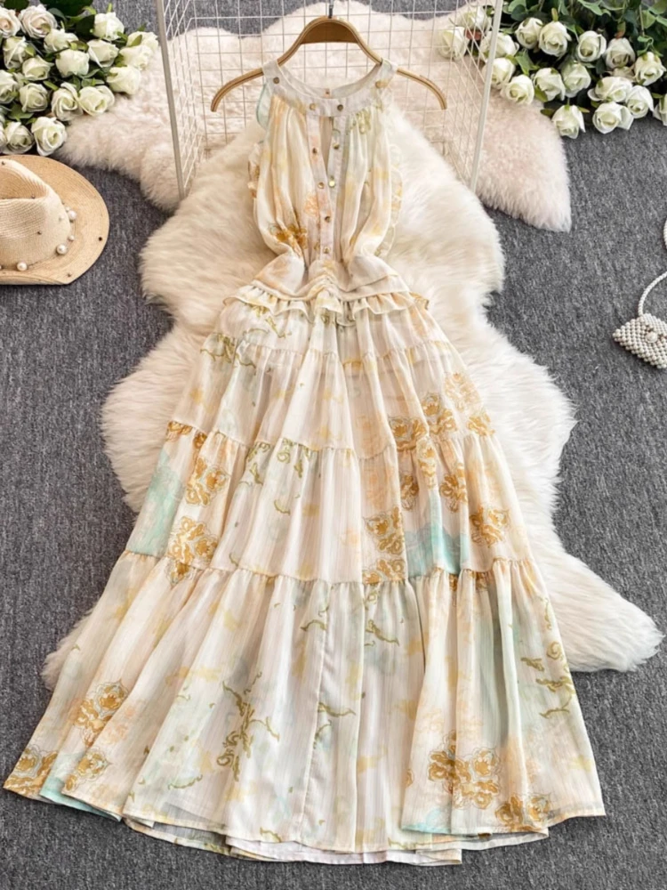 

Fashion Elegant Dresses Halter Sleeveless Hollow Out Ruffles Print Long Dress Summer Female Slim Vestidos Design Women Clothing