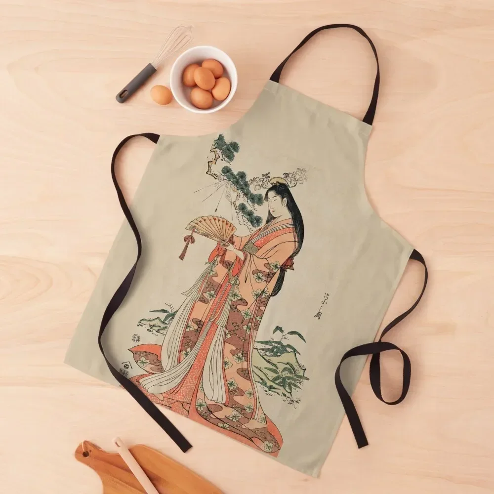 A traditional Japanese Ukyio-e style illustration of a traditional Japanese princess. Apron for women with pocket Apron