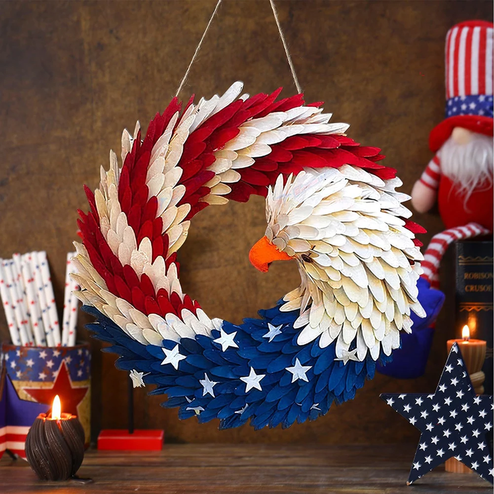 Independence Day Door Sign Wall Hanging Round Wooden Plaque Patriotic Front Door Decor 4th of July Festival Hanging Garland