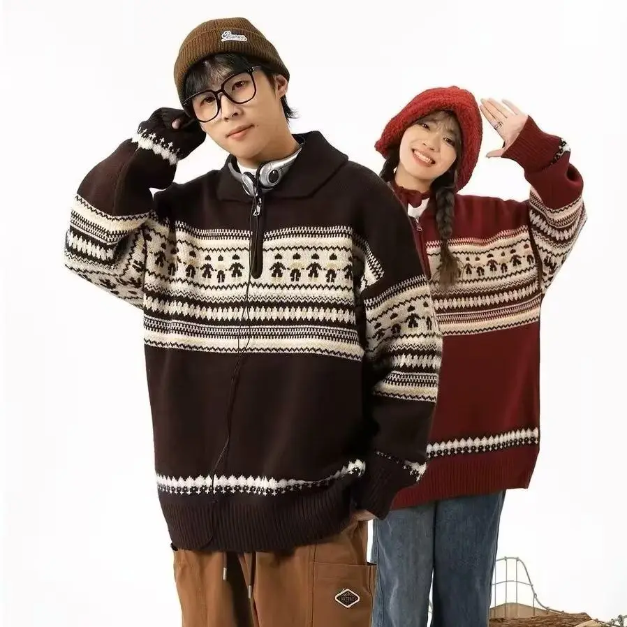 

Men's Flip Collar Knitwear Spring Autumn Thiened Boy's Neutral Sle Long Sve Zipper Casual Soft Polyester Fiber Sweater