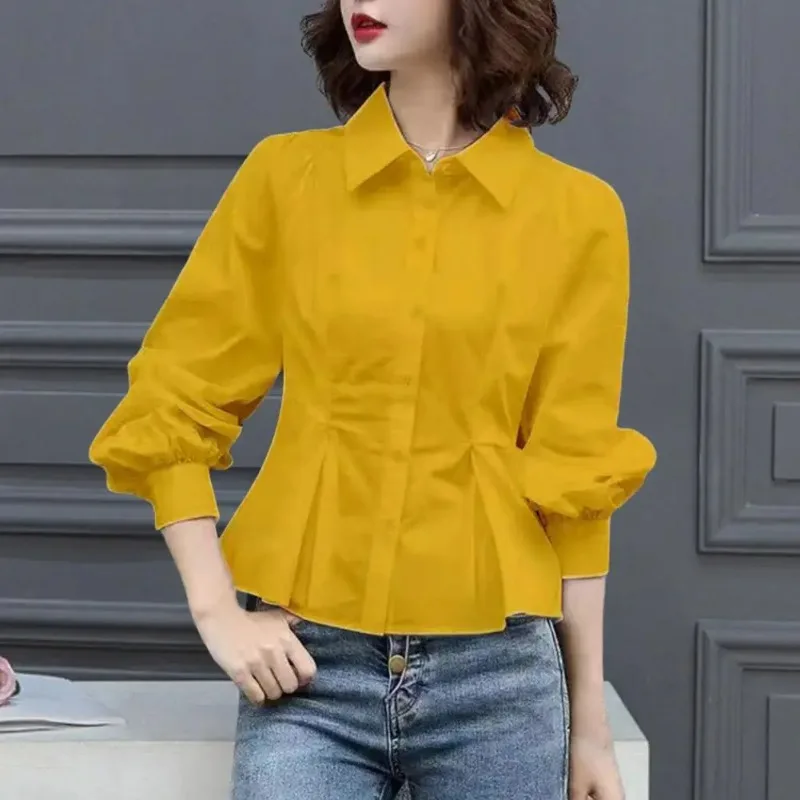 

Lady Shirt Spring Fall Blouse Big Hem OL Style Solid Color Women Office Shirt Collar Commute Lady Office Shirt Women Garment REF