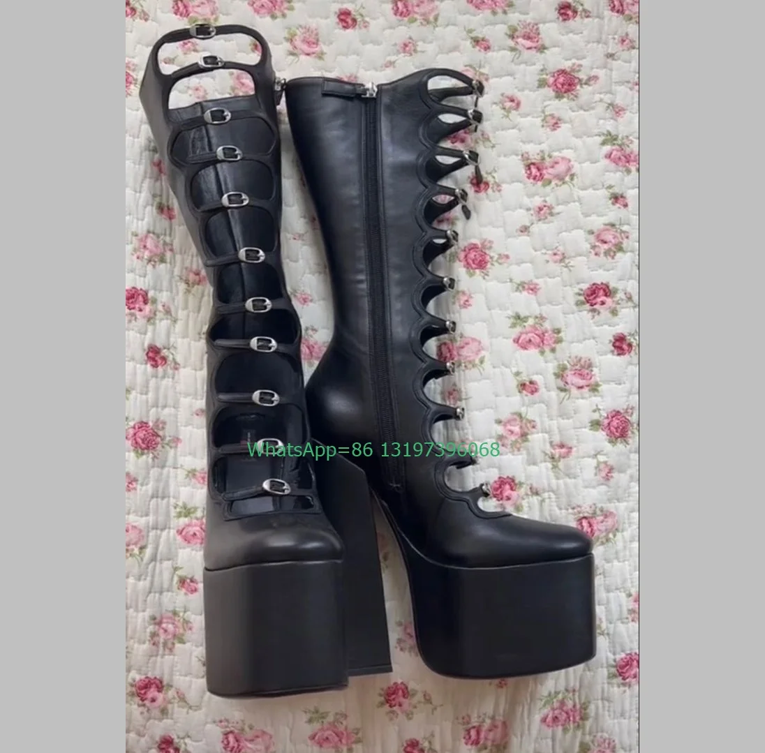 Lady Black Chunky Heel Mary Janes Boots Platform Pink Stain Design Muti-Buckle Strap Boots Footwear Hollow Cut-Out Sexy Boots