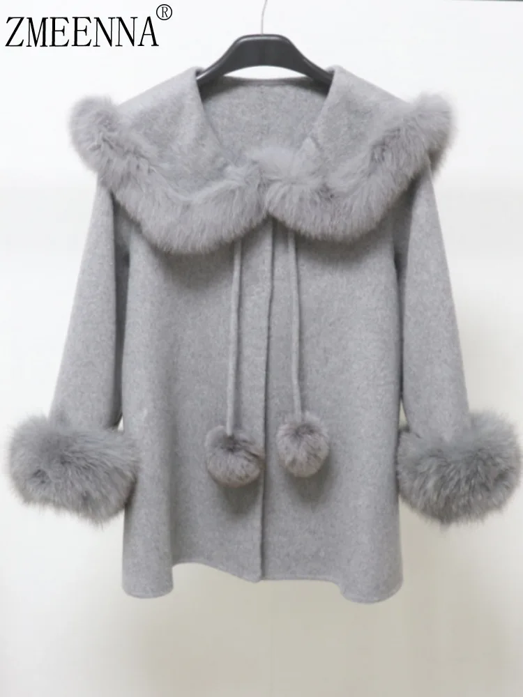 

ZMEENNA Women's Elegant Gray Woolen Coat Faux Fur Collar Cuff Tie Short Jacket Loose Fit Warm Winter Outerwear ZM4171