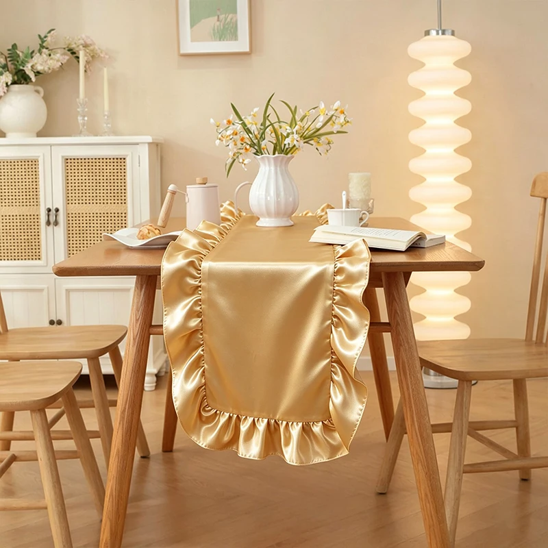 Gold Satin Ruffle Table Runner Silk Fabric Luxurious Flounces Tablecloth for Home Kitchen Dinning Wedding Party Table Decoration