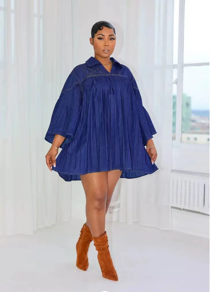 Denim Dress Women Pleated Dresses A Line Vestidos Long Sleeve Turn Down Collar Loose Splice Elegant Y2k Streetwear Work Autumn - view 5