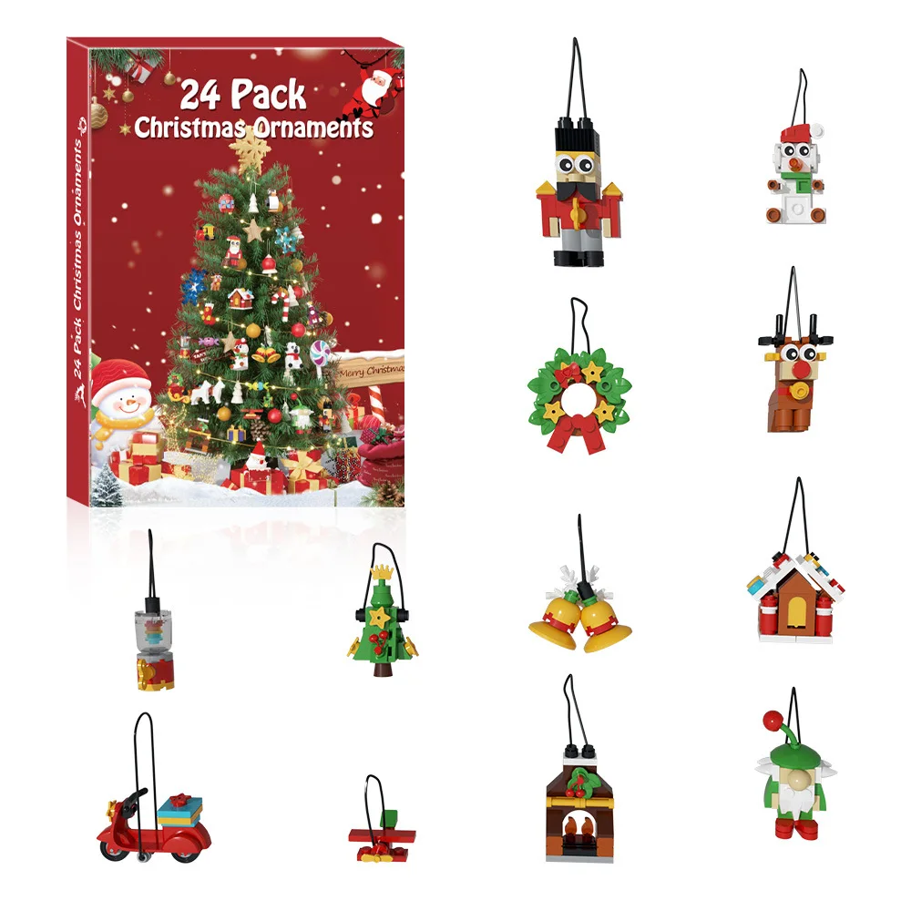 24 Kerstfeest Ornament Opknoping Hanger Hanger Kerstman/krans/elanden/sneeuwpop Bouwstenen Set DIY Kinderen Puzzel speelgoed Cadeau