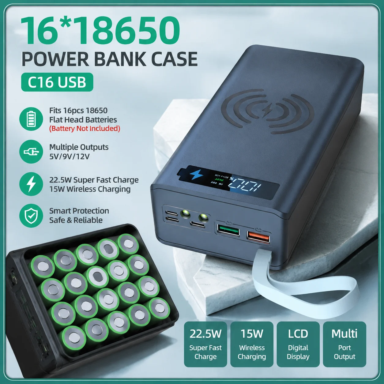 16*18650 Power Bank Case C16 USB Welding Free Power Bank Case Detachable Portable QC 3.0 PD DIY Shell Housing For Powerbank