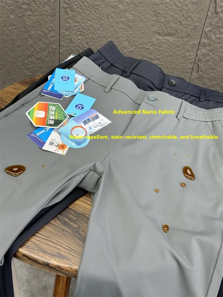 

Busin повседневные брюки из ледяного шелка, мужские летние модные тонкие прямые брюки с 3D пошивкой, антипилот, высокая эластичность, чистый цвет