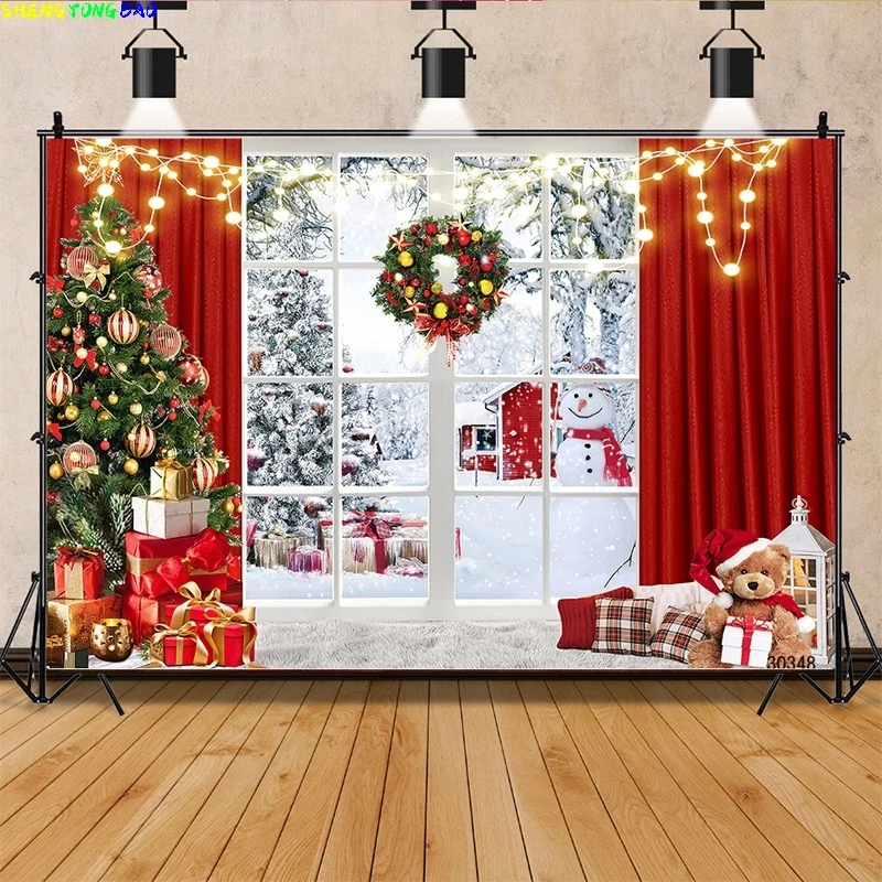 

Vinyl Custom Christmas Tree Window Wreath Photography Backdrop Wooden Doors Snowman Cinema Pine New Year Background Prop ZZ-23