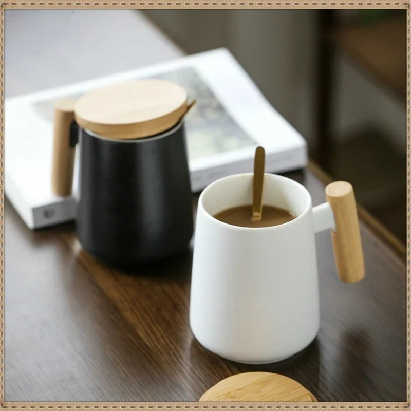 480ml Nordic New Design Simple White Black Ceramic Coffee Mug with Wooden Handle Water Cup for Business Gift Modern Style Mugs