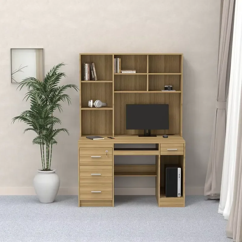 Modern Wooden Customizable Computer Desk with Storage Hutch, Writing Table with Lockable Drawers & Bookshelf for Home Student