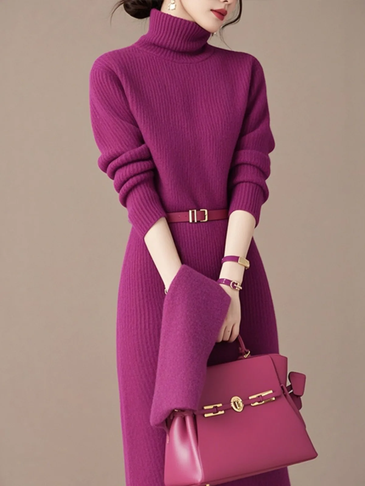 

Ele Purple High Collar Knitted Dr Ladylike High End Feeling Spring Autumn Faionable Women's Long Sve Dr