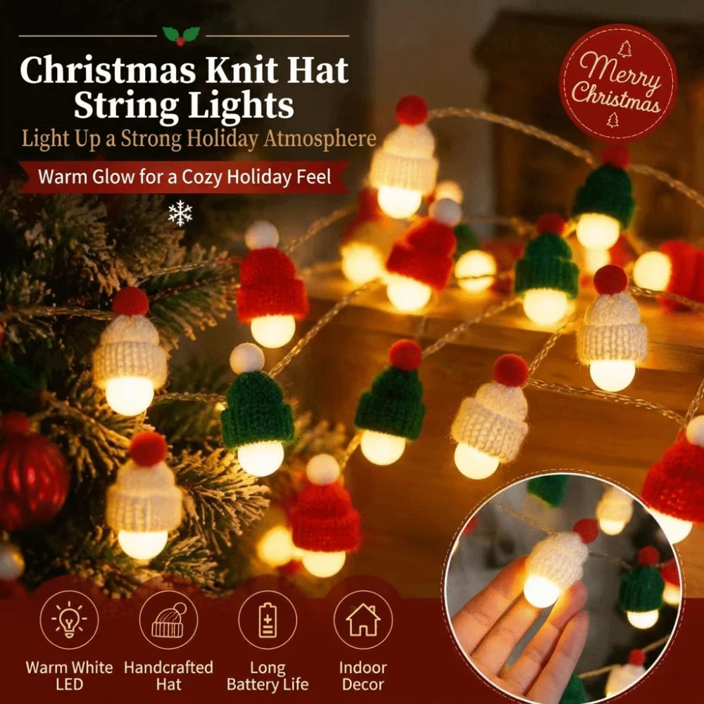 Festive Ambient LED Christmas Tree Ornament Lights Soft Glow Warm Glow Knit Hat Shaped Lights Shimmering Sparkling Light Effects