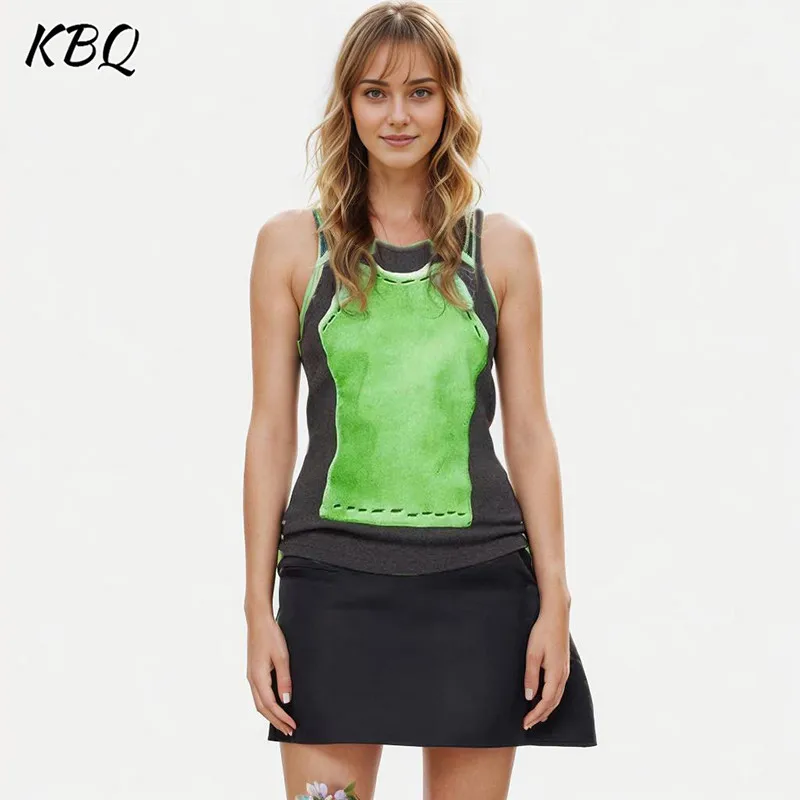 

KBQ Designer Colorblock Printing Tank Top For Women Round Neck Sleeveless Streetwear Knitting Casual Vests Female Fashion Style