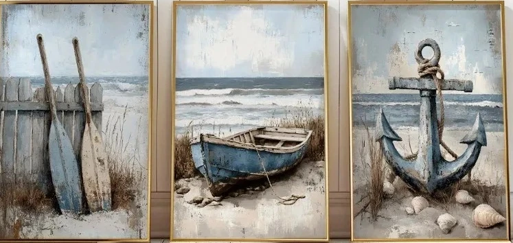 3PCS Vintage Coastal Canvas Wall Art, Wooden Boat Anchor Oars Beach Scenery Print Home Decor