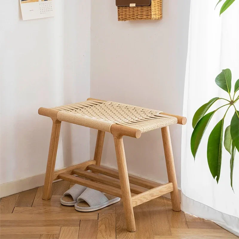 

Japanese Shoe Rack Solid Wood Rope Knitting Creative 2 Layer Shoemaker Bench Multi-scene Hallway Bench Versatile Storage