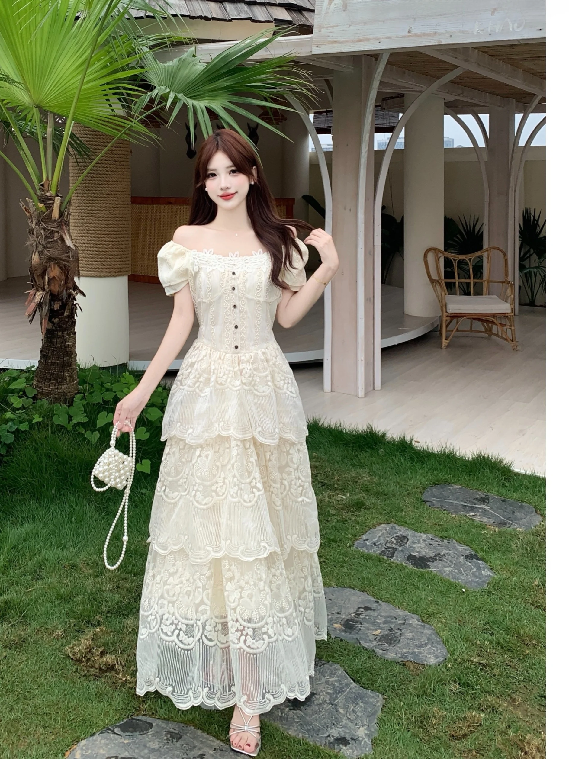 

plus Size Women's Lace Hollow out Hook Flower Dress Summer New Style Waist Cinched Cake Skirt Korean Style Commute Wind