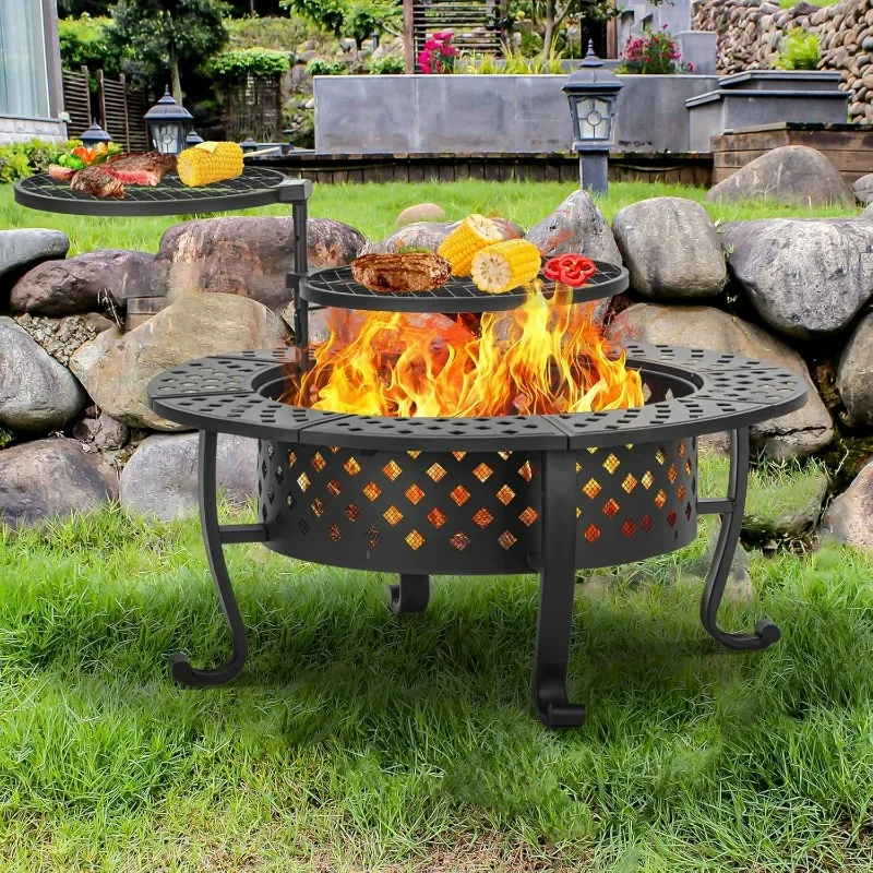 42 Inch Fire Pit with 2 BBQ Grills, Wood Burning Fire Pits for Outside with Lid & Fire Poker, BBQ& Outdoor Firepit