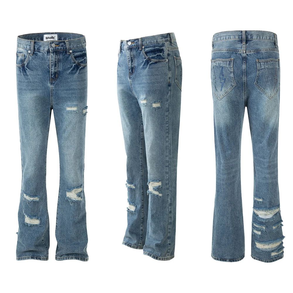 

Мужские повседневные рваные джинсы свободного кроя в стиле хип-хоп с вышивкой в виде молнии, ретро-дизайн