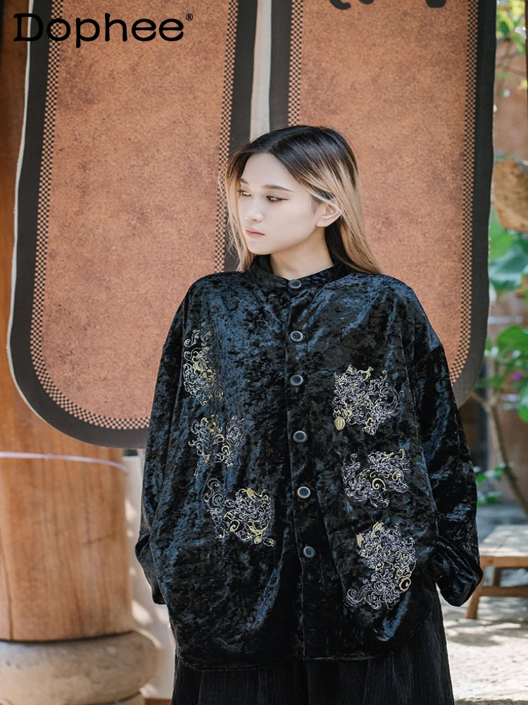 

Fashion Embroidered Tops Men's 2025 Autumn New Stand Collar Long Sleeve Shirts Male Handsome Elegant Trendy Loose Comfort Shirts