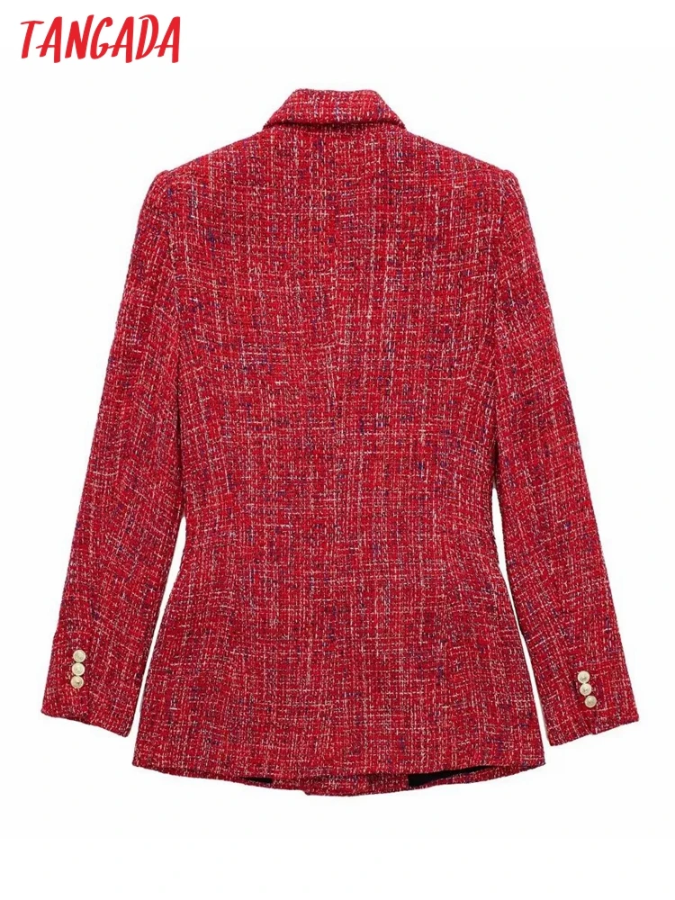 Tangada 2023 Autumn Winter Women Red Tweed Long Suit Coat Long Sleeve Pockets Office Lady Blazer 3H184