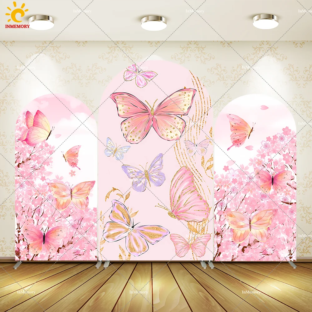 Glitter meninas 1st aniversário arco pano de fundo capa flores rosa borboleta recém-nascido chuveiro do bebê decoração chiara arqueado fundo da parede