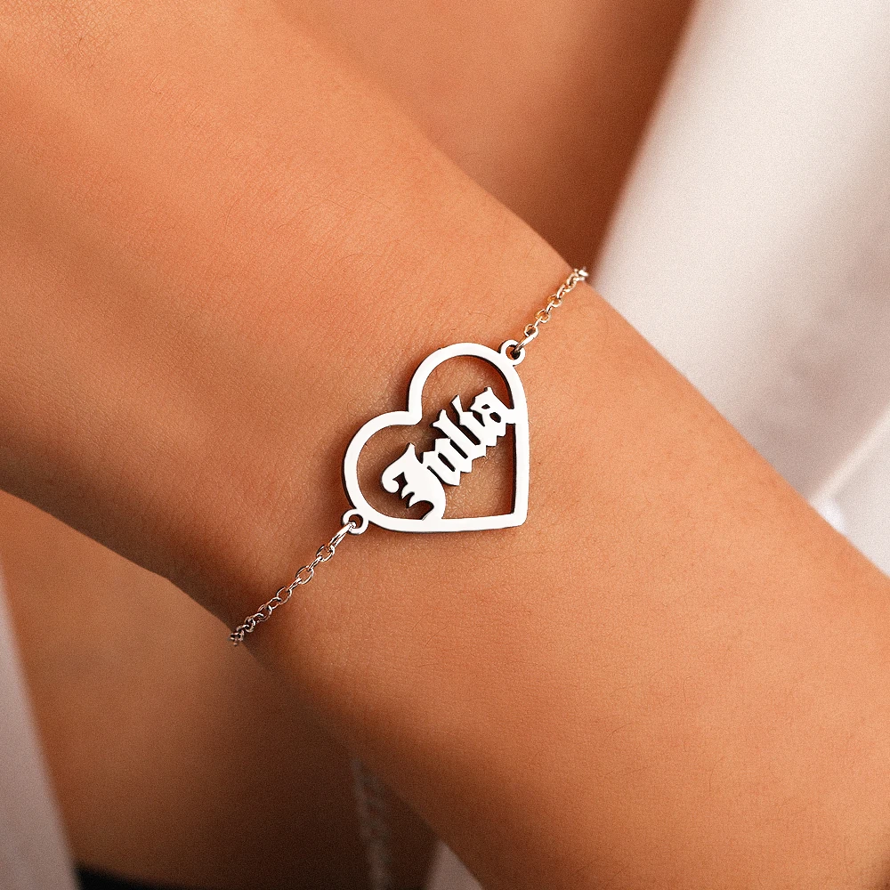 

Personalized Customized Name Bracelet Stainless Steel Peach Heart Bracelet Women's Romantic Jewelry Valentine's Day Gift