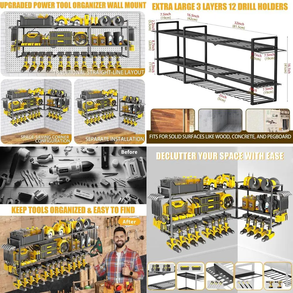 

49 сверхмощных настенных органайзеров для инструментов с 12 держателями для сверл, 3 полками, емкостью 450 фунтов для гаража или мастерской
