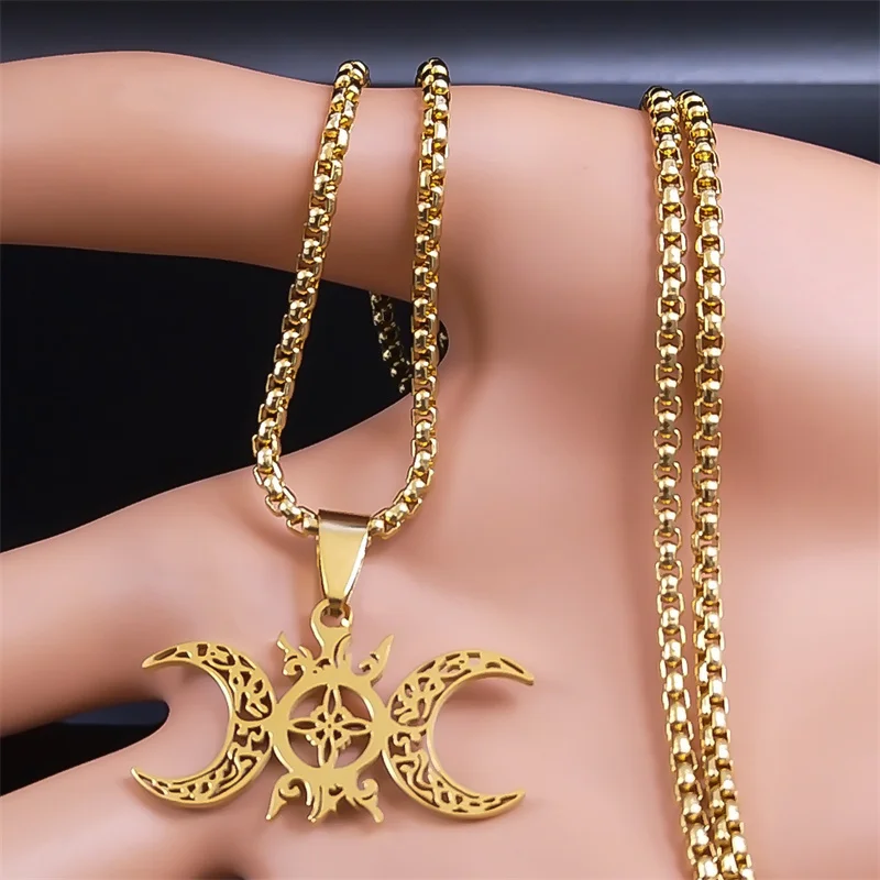 Wicca Celtic Knot Triple Moon Goddess Necklace Stainless Steel Gold Color Witch Amulet Chain Necklaces Pagan Jewelry collar