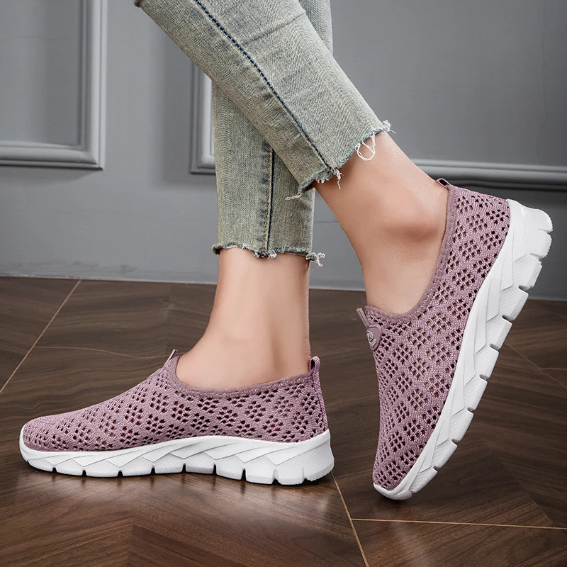 STRONGSHEN Summer Women Flat Casual Shoes Mesh Comfortable Breathable Hollow out Slip on Sports Walking Sneaker Zapatos De Mujer